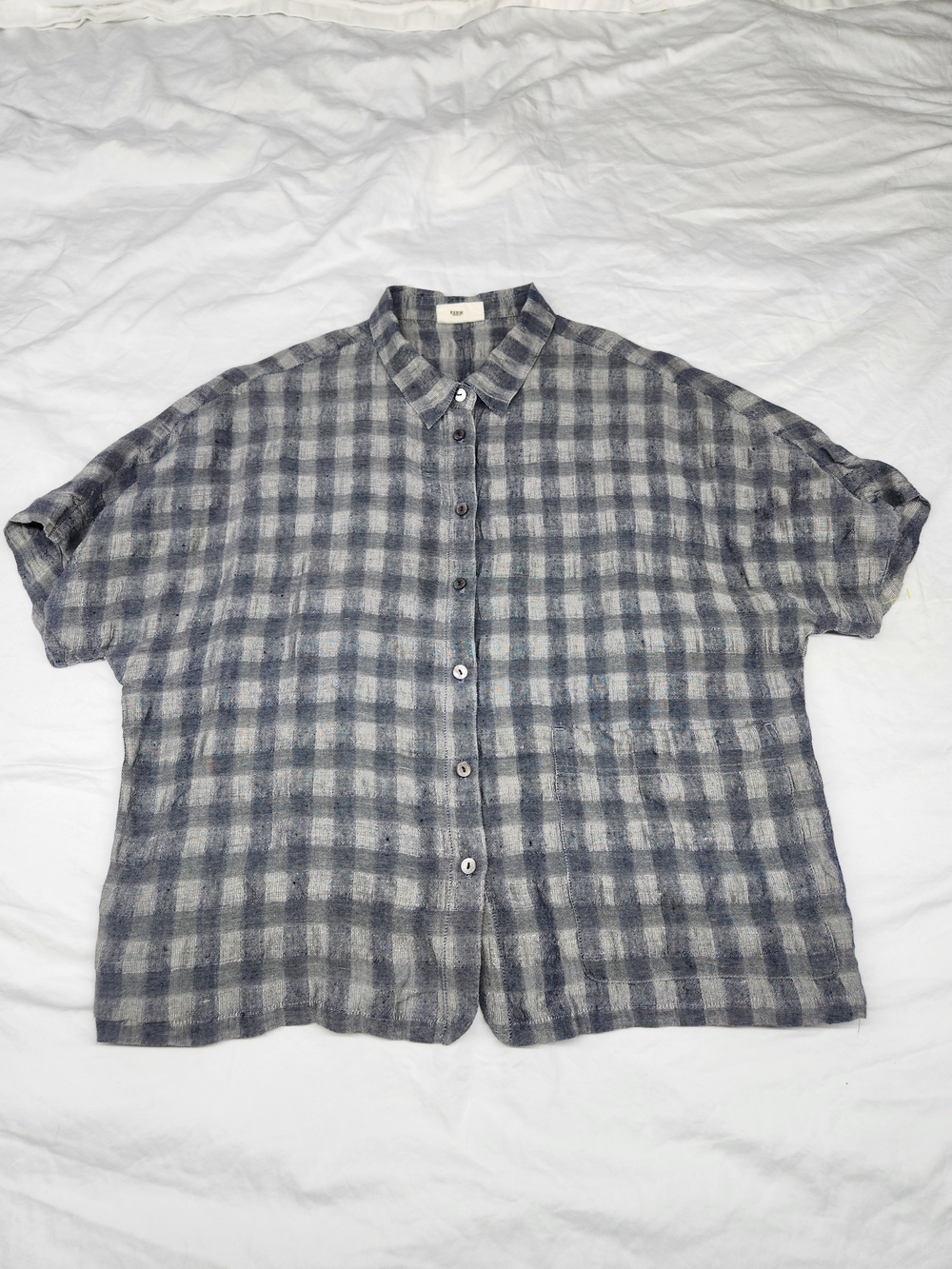 Poetry Gray Check Short-Sleeve Button-Down Linen Shirt
